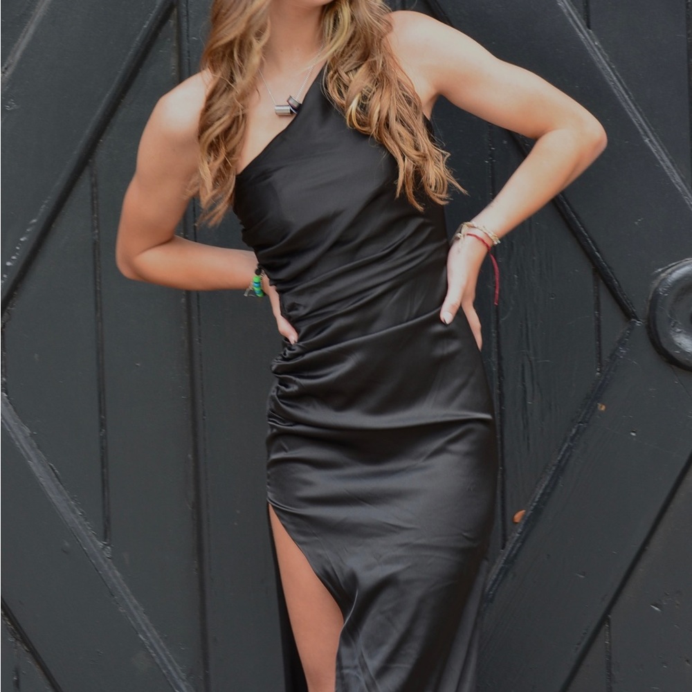 Black one shoulder cut out back silky prom dress
